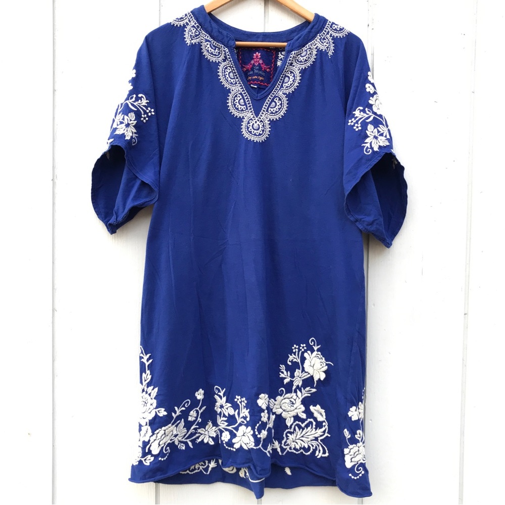 Johnny Was Royal Blue Embroidered Tunic Dress with White Floral Accents